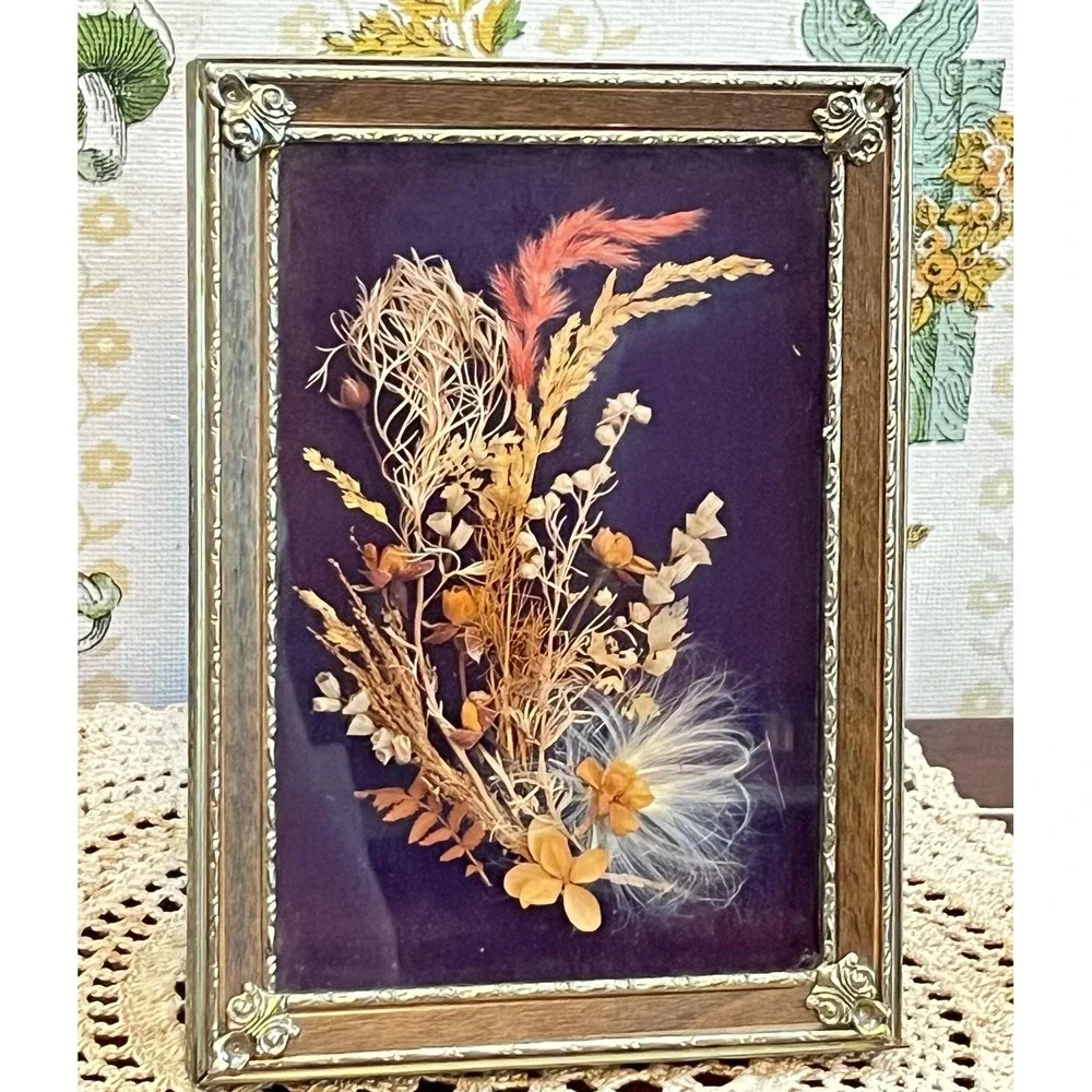 Vintage MCM Botanical Pressed Dried Flower Shadow Box Art Framed
